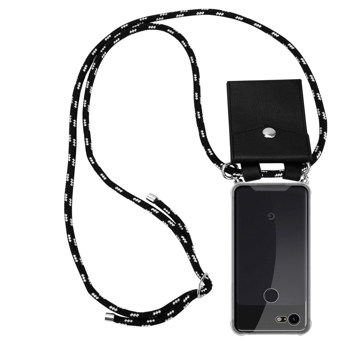 Schwarz-weißer Seil-Telefongurt mit schwarzem Beutel und Telefon in transparentem Case.