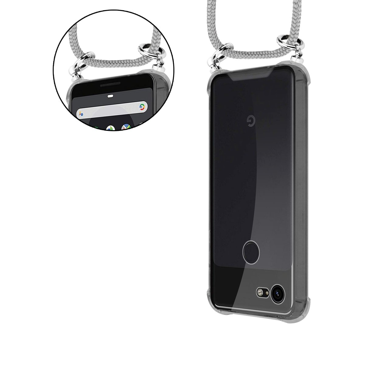 Graues Lanyard mit Telefon in transparenter Hülle. Das Telefon ist schwarz. Die Hülle hat Kamera.