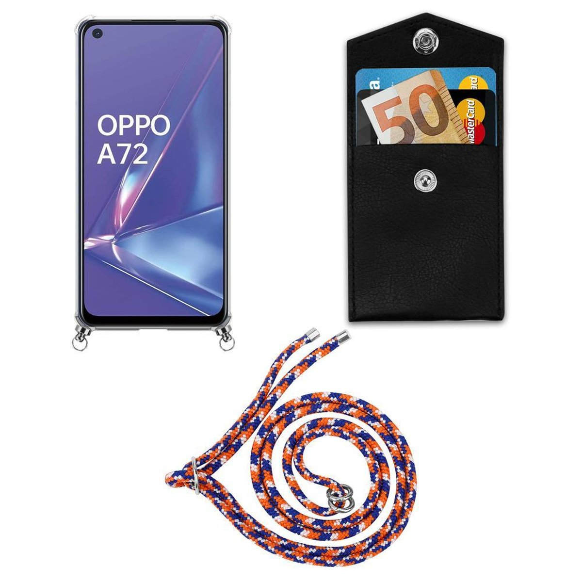 ORANGE mit Handy Silber Backcover, A92, und WEIß Hülle, Band CADORABO Ringen, BLAU Kordel Kette Oppo, abnehmbarer