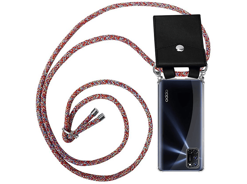 CADORABO Handy Kette mit Silber Ringen, Kordel Band und abnehmbarer Hülle, Backcover, Oppo, A92, COLORFUL PARROT