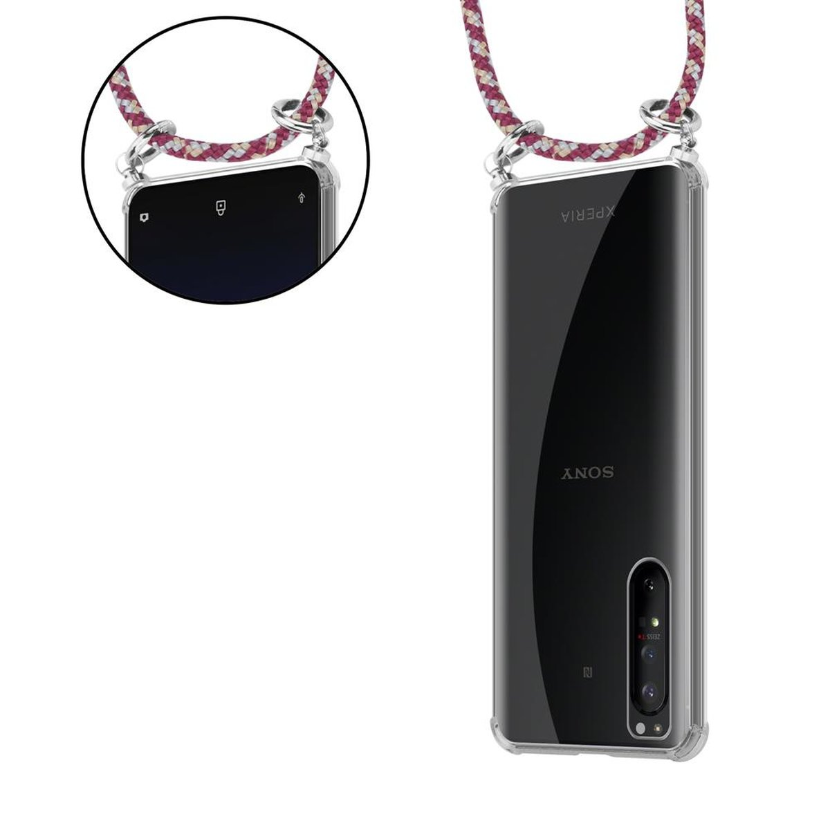 abnehmbarer und ROT Xperia Ringen, Kette Silber 1 mit Handy CADORABO Band WEIß GELB Hülle, Sony, II, Backcover, Kordel