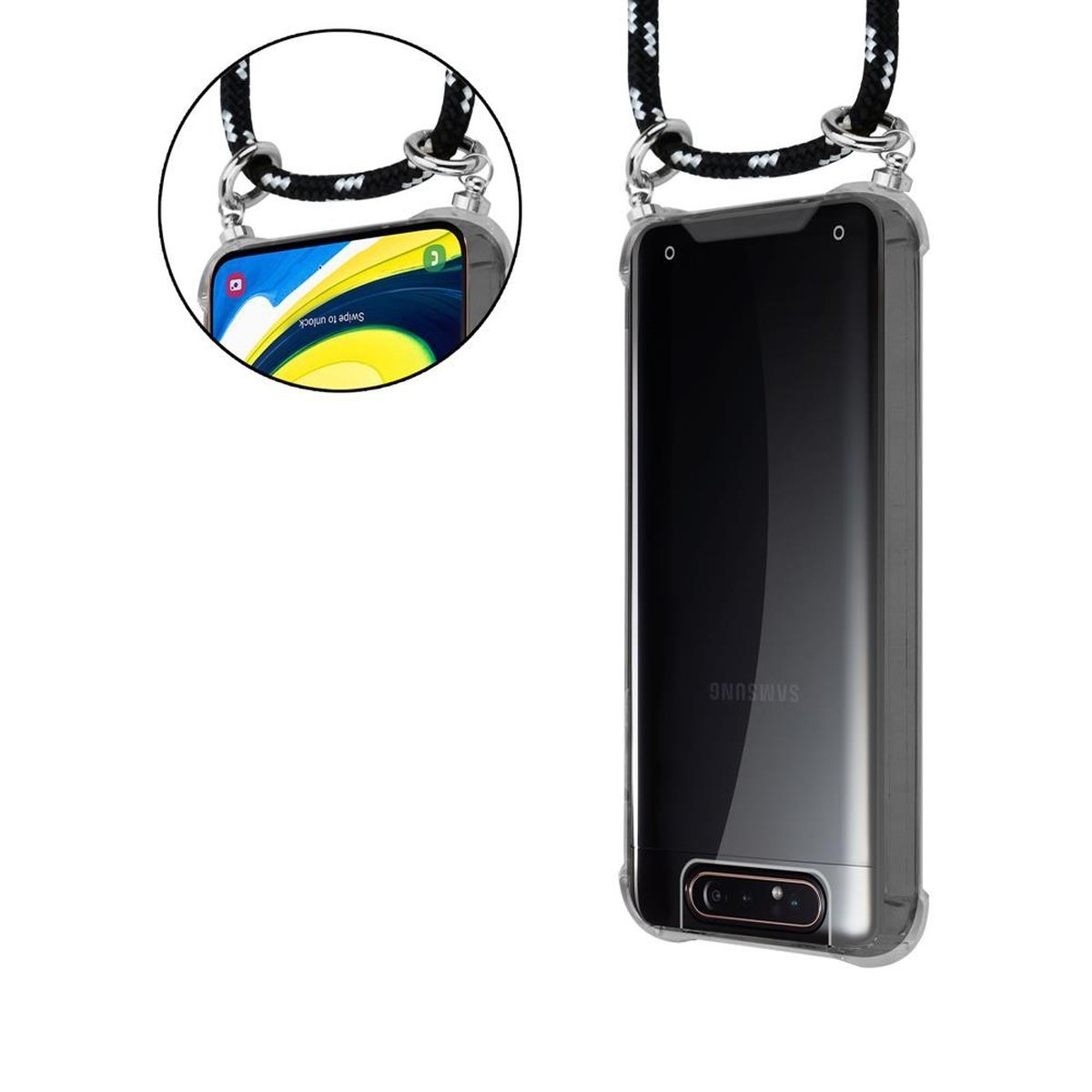 Samsung, Silber Band Hülle, abnehmbarer Backcover, 4G, / Handy und Kette Galaxy Kordel mit SILBER Ringen, CADORABO SCHWARZ A90 A80