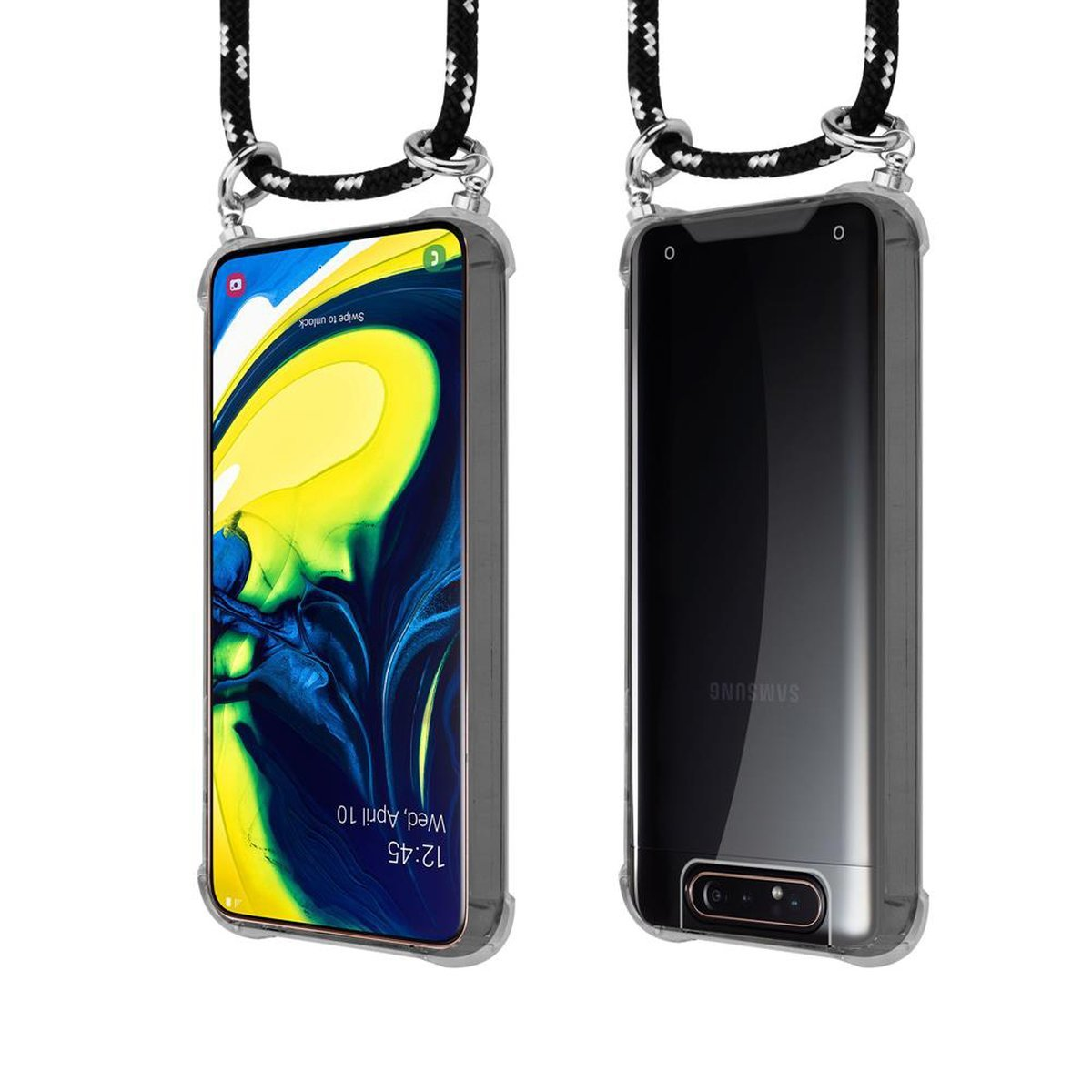 Samsung, Silber Band Hülle, abnehmbarer Backcover, 4G, / Handy und Kette Galaxy Kordel mit SILBER Ringen, CADORABO SCHWARZ A90 A80