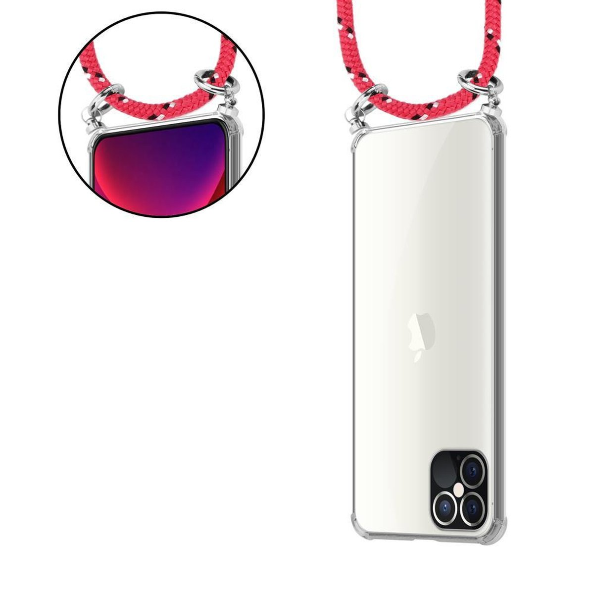 Telefono in una custodia trasparente con un cordino rosso.