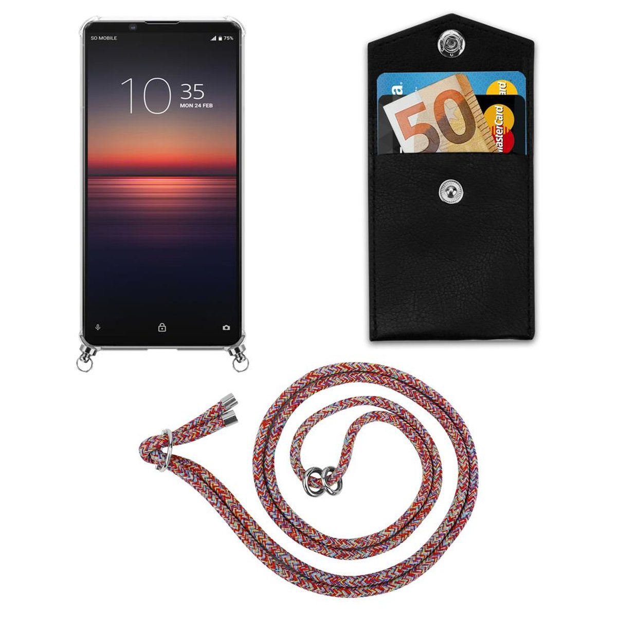 Ringen, abnehmbarer und COLORFUL Backcover, Hülle, Handy Kette Sony, Silber II, CADORABO Band PARROT Kordel mit 1 Xperia