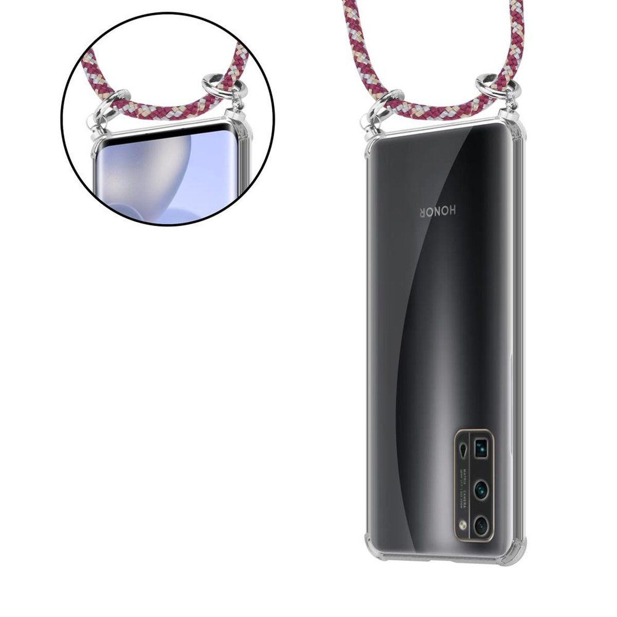 CADORABO Handy Kette mit ROT Silber abnehmbarer GELB und Hülle, WEIß Ringen, Honor, Band 30 PRO, Kordel Backcover