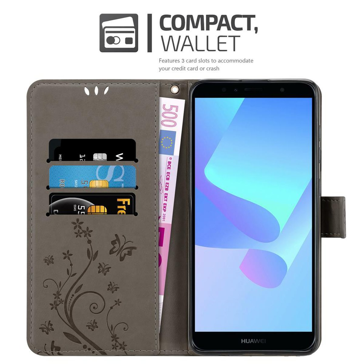 CADORABO Hülle Blumen Muster Flower / Honor, 7A PRIME Huawei Y6 Bookcover, GRAU Case, 2018, FLORAL