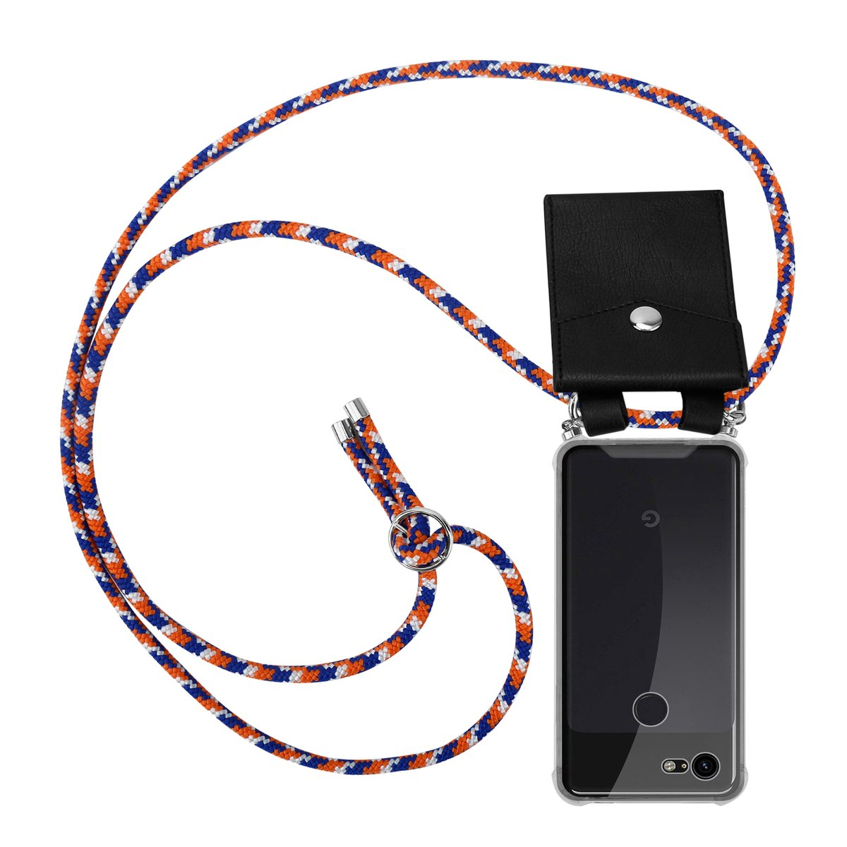 Handyhülle mit schwarzem Lederhalter und einem blau-weiß-orangenen Seil. Das Telefon ist ein Google Pixel.