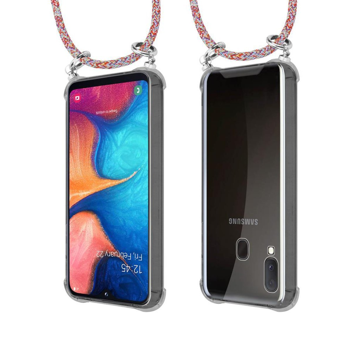 Samsung, CADORABO mit Band Kette abnehmbarer A10e und Backcover, Galaxy Ringen, Kordel A20e, Handy Hülle, Silber COLORFUL PARROT /