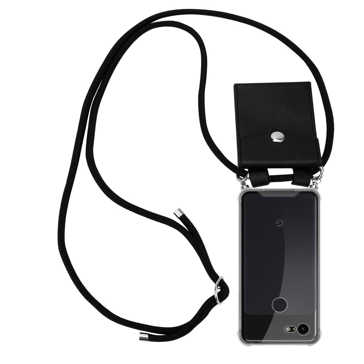 Handyhülle mit Lanyard. Schwarze Ledertasche an einer transparenten Handyhülle mit schwarzem Seil befestigt.