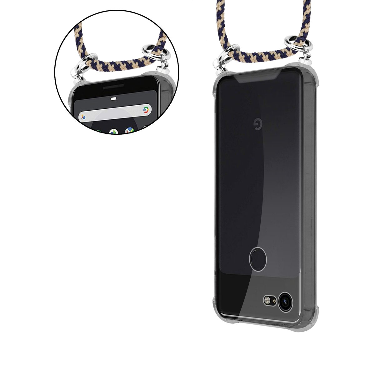 Eine transparente Handyhülle mit einem Umhängeband. Das Telefon hat einen dunklen Bildschirm. Der Riemen ist schwarz und weiß.