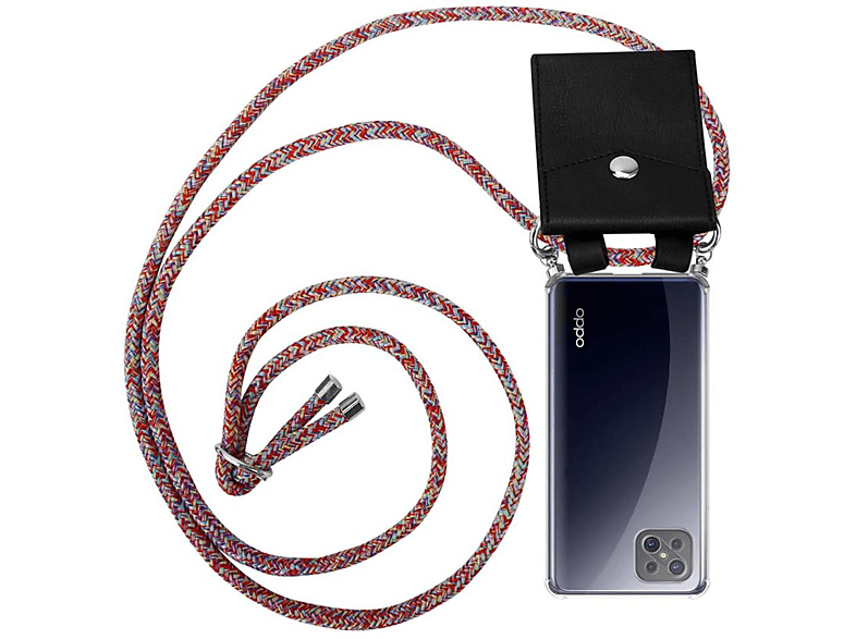 CADORABO Handy Kette mit Silber Ringen, Kordel Band und abnehmbarer Hülle, Backcover, Oppo, A92s, COLORFUL PARROT