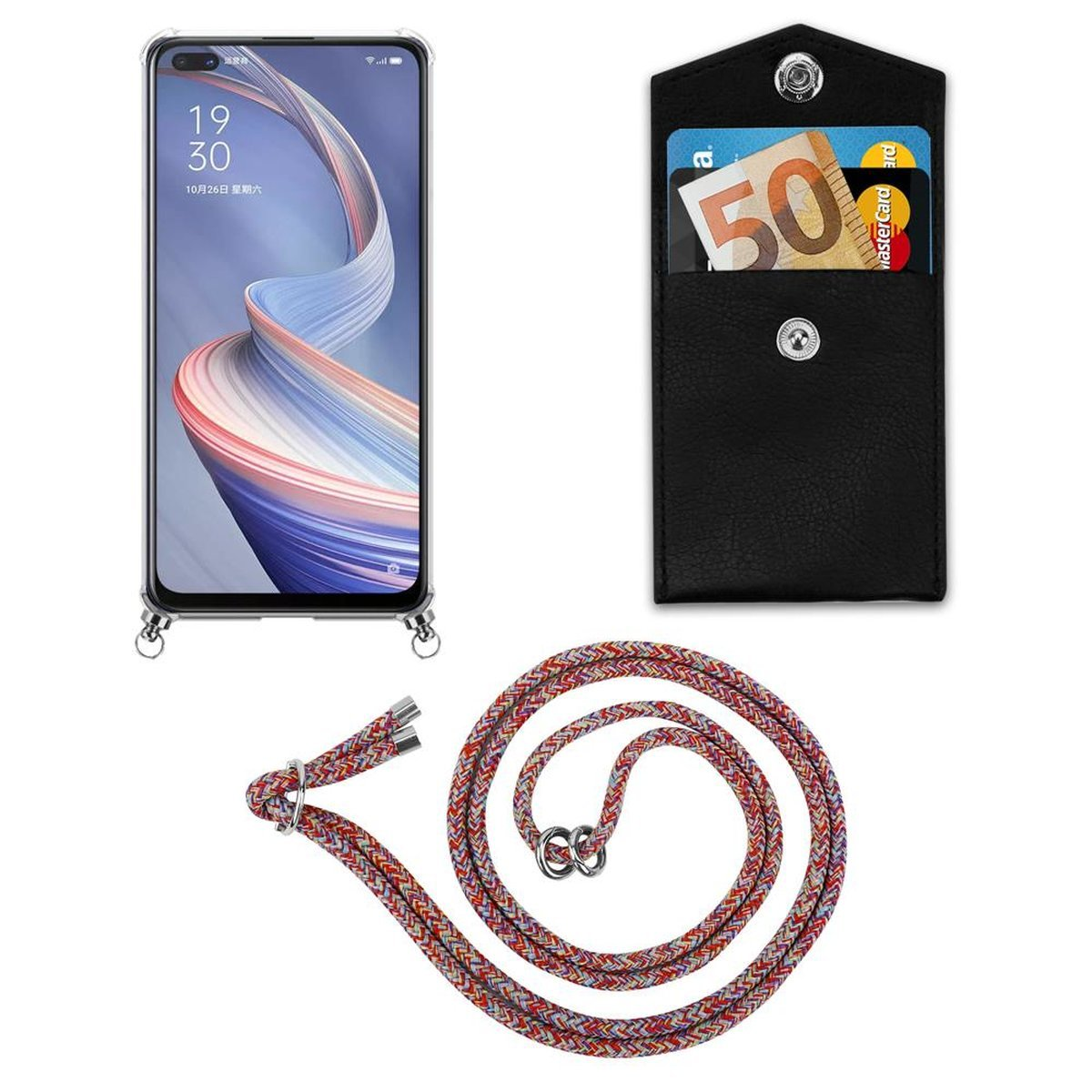 Handy abnehmbarer Ringen, Backcover, PARROT mit COLORFUL und Kordel A92s, Oppo, Kette Silber Hülle, CADORABO Band