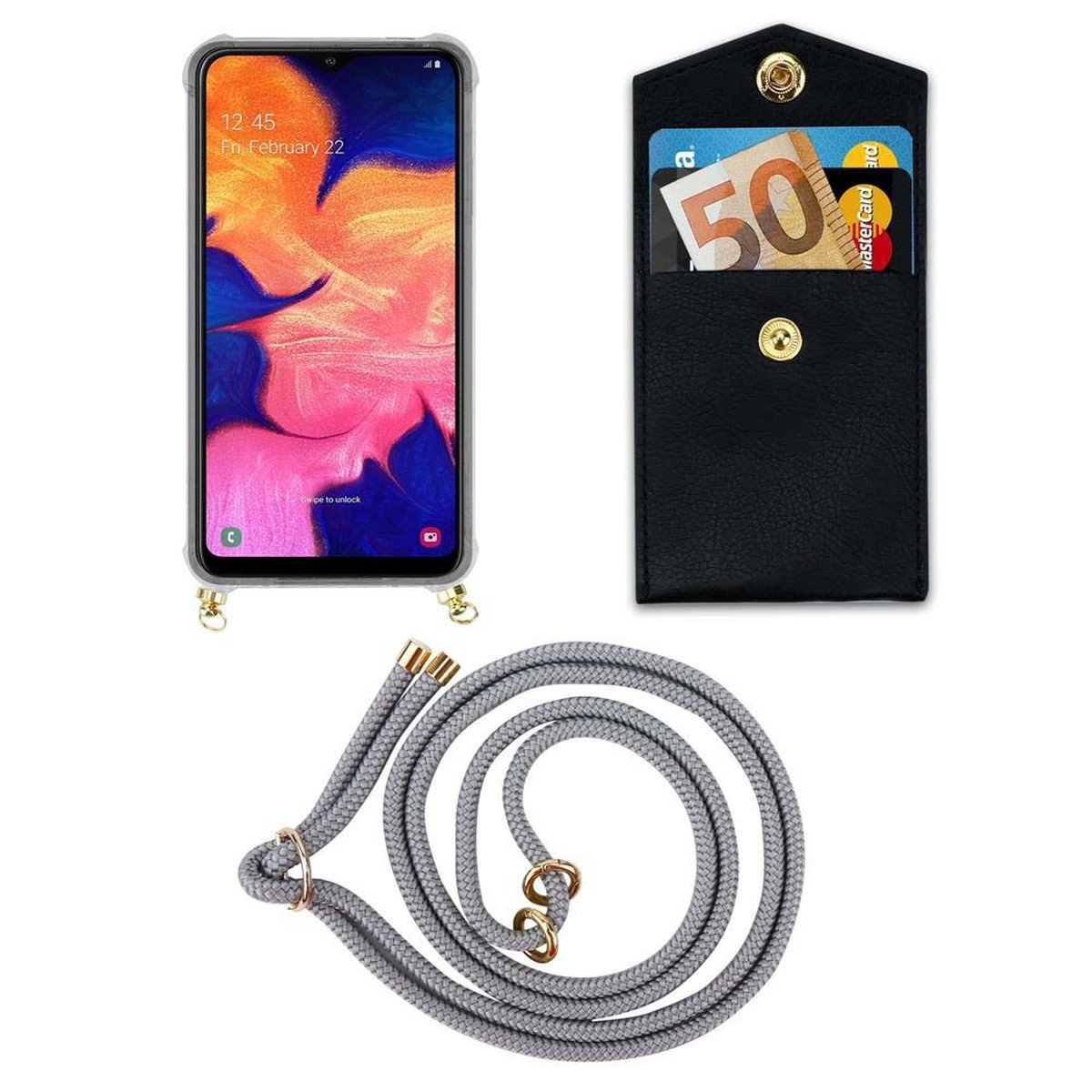 CADORABO Handy Kette mit Gold Hülle, / Kordel und SILBER Galaxy GRAU M10, Ringen, Band abnehmbarer Backcover, A10 Samsung