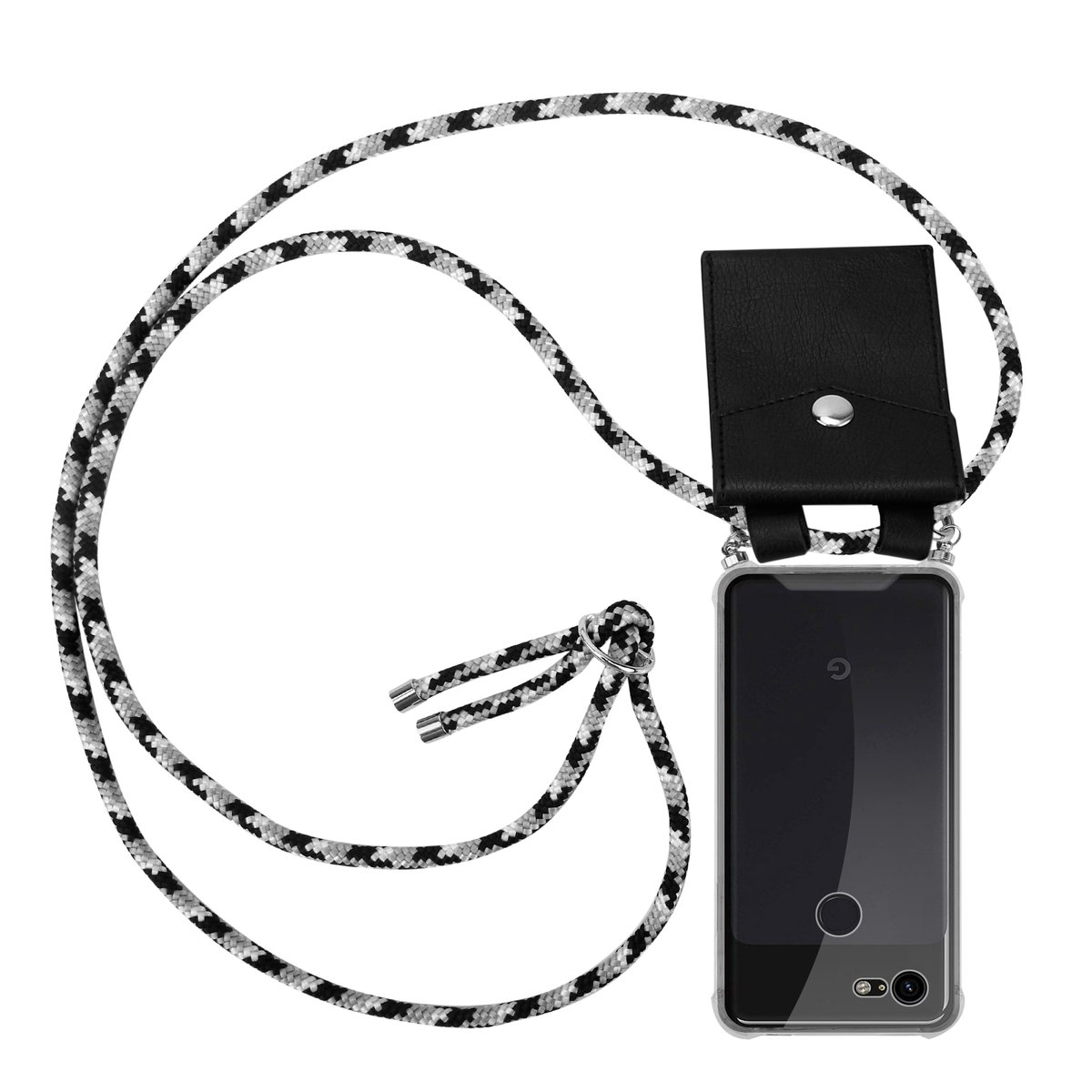 Schwarz-weißer Kordel-Telefonhalter. Schwarzes Etui. Schwarzes Telefon sichtbar.