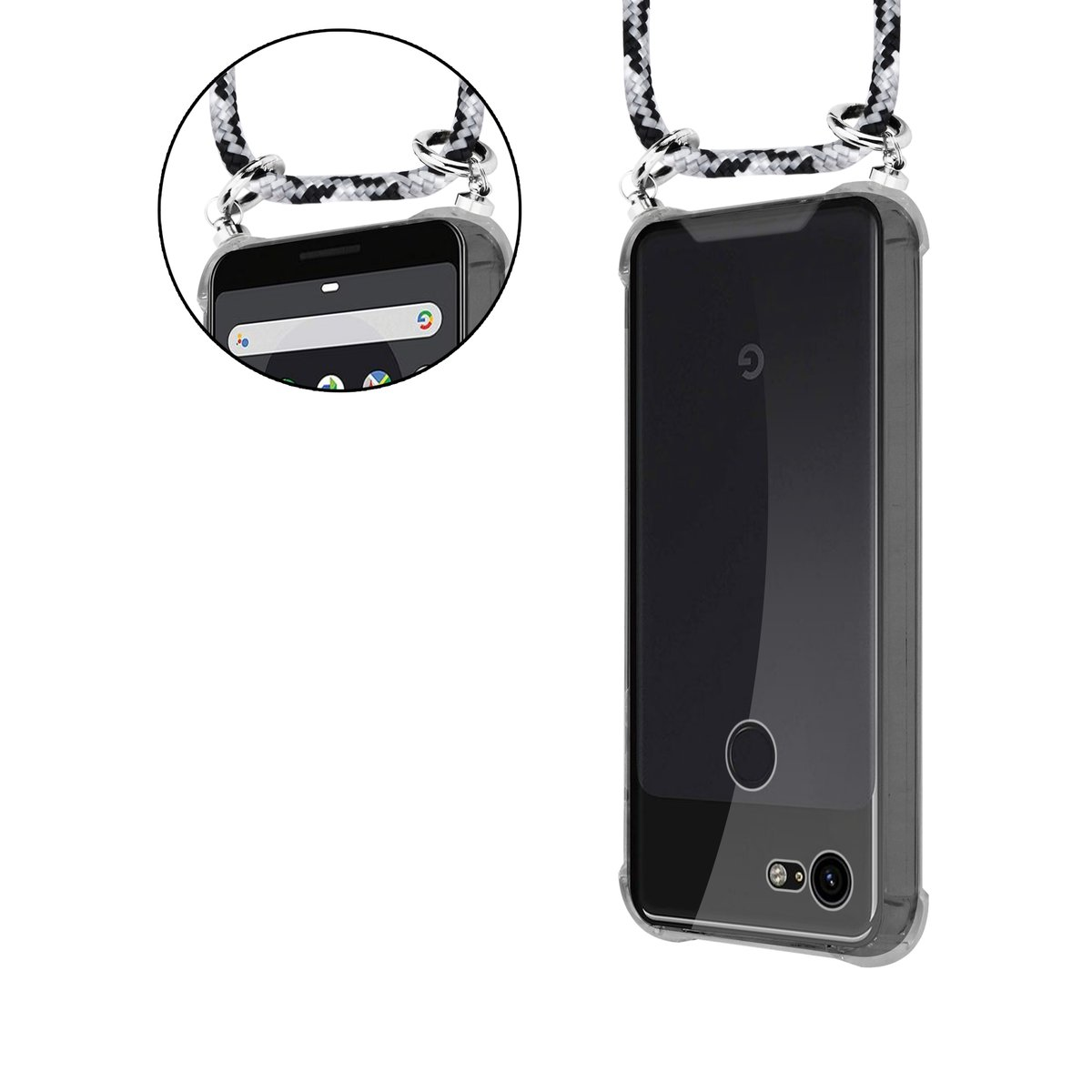 Transparente Handyhülle mit Umhängeband. Ein Telefon befindet sich in der Hülle. Schwarz-weißes Seil.
