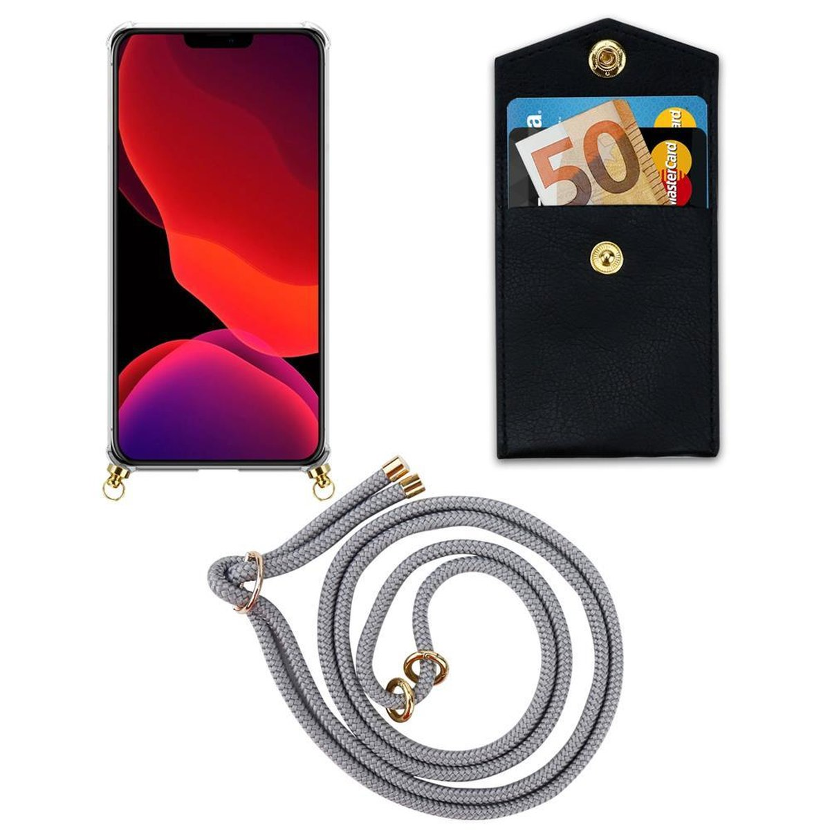 CADORABO Handy Kette SILBER GRAU Ringen, iPhone Backcover, mit Gold MINI, 12 Band Apple, abnehmbarer Hülle, und Kordel