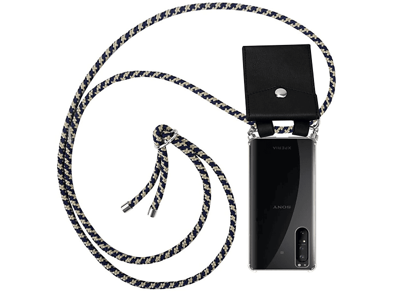 Kordel CADORABO 1 GELB II, abnehmbarer Silber Sony, mit Xperia Ringen, Handy und DUNKELBLAU Backcover, Kette Band Hülle,