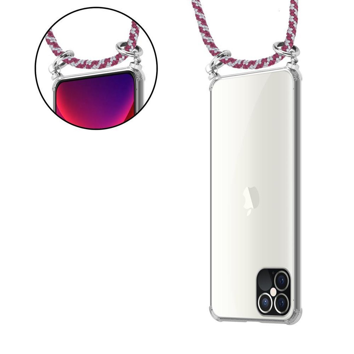 Una custodia trasparente per telefono con un cordino intrecciato rosa e grigio. Il telefono mostra uno schermo viola.