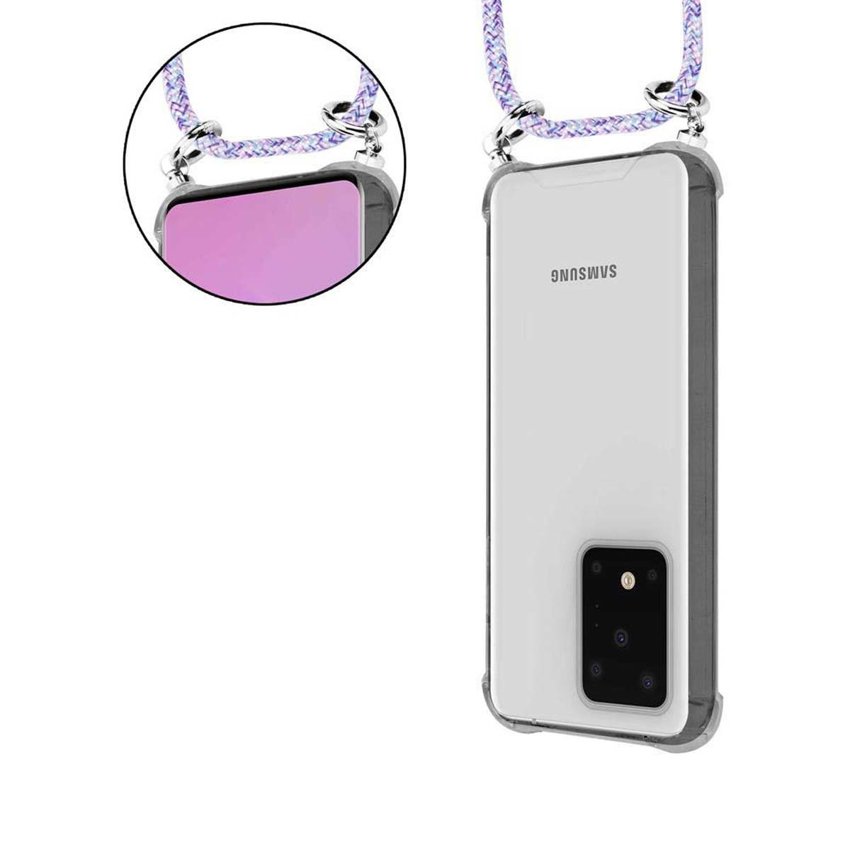 Un telefono in una custodia con cinturino. Il telefono è trasparente con un display viola.