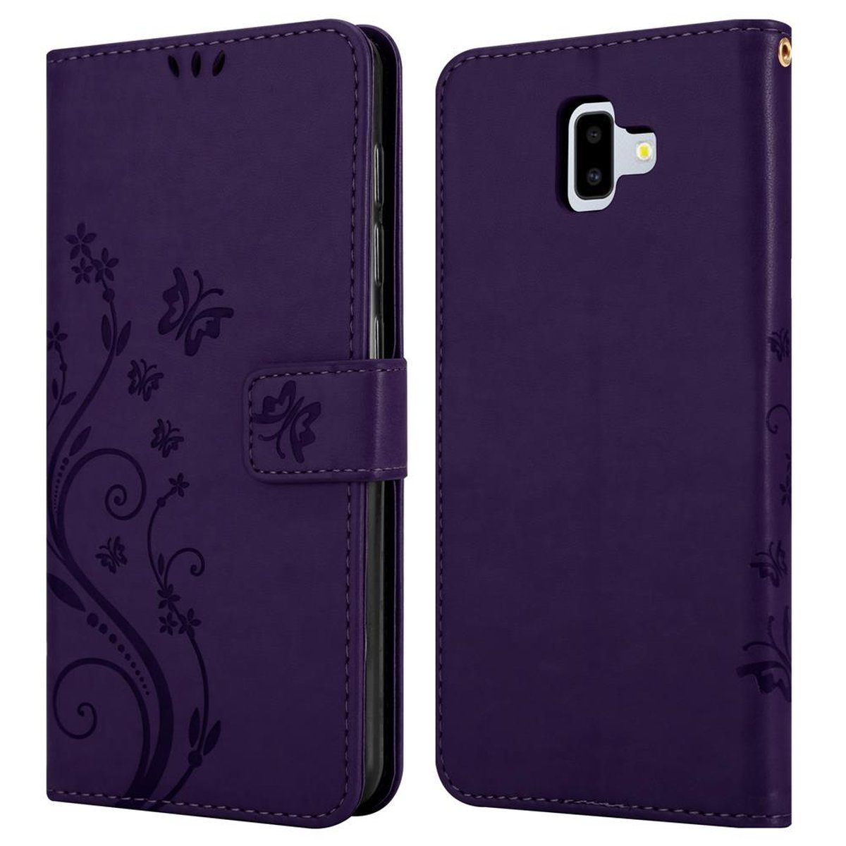 Bookcover, Muster Flower Blumen Hülle PLUS, LILA FLORAL J6 Case, Samsung, CADORABO Galaxy DUNKEL