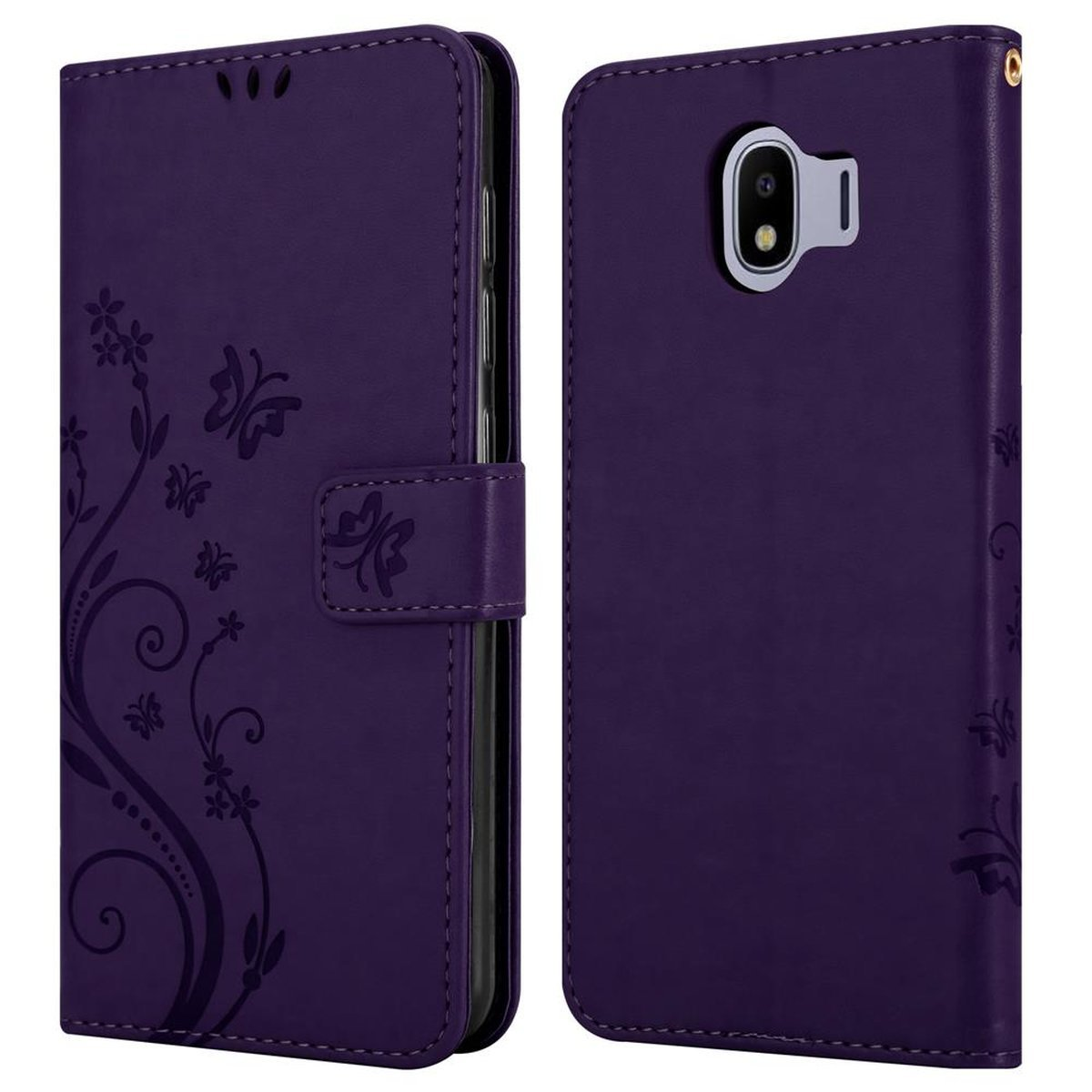 J4 LILA Samsung, Muster Flower Galaxy Case, Hülle Blumen DUNKEL CADORABO 2018, Bookcover, FLORAL