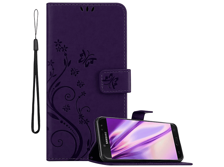 CADORABO Hülle Blumen Muster Samsung, Flower FLORAL Case, LILA 2018, Galaxy Bookcover, DUNKEL J7