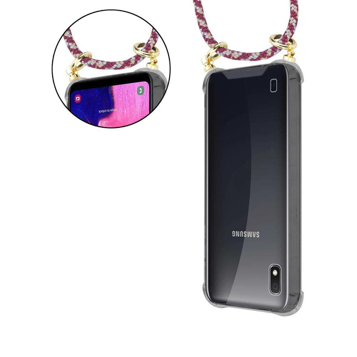 CADORABO Handy Kette abnehmbarer Galaxy Samsung, Ringen, mit WEIß M10, Kordel ROT und GELB A10 Backcover, Gold Hülle, / Band