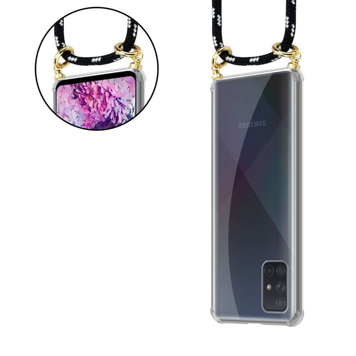 Un telefono Samsung in una custodia trasparente con un cordino bianco e nero, con attacchi color oro.