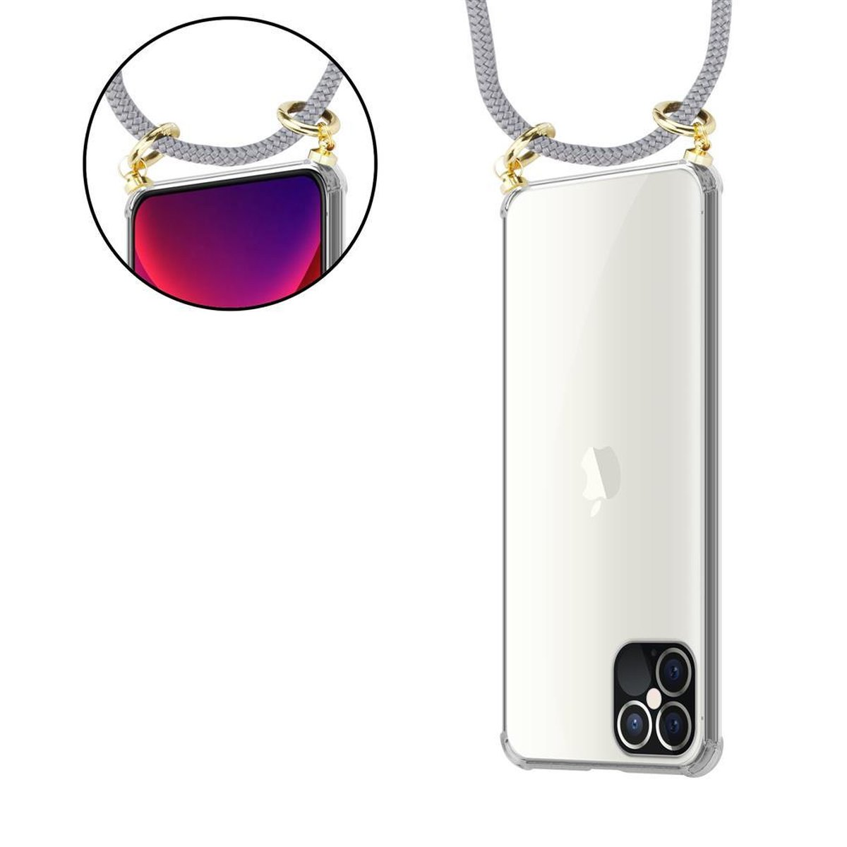 CADORABO Handy Kette Band GRAU mit Backcover, iPhone Kordel Ringen, 12 abnehmbarer Apple, Gold Hülle, SILBER PRO MAX, und