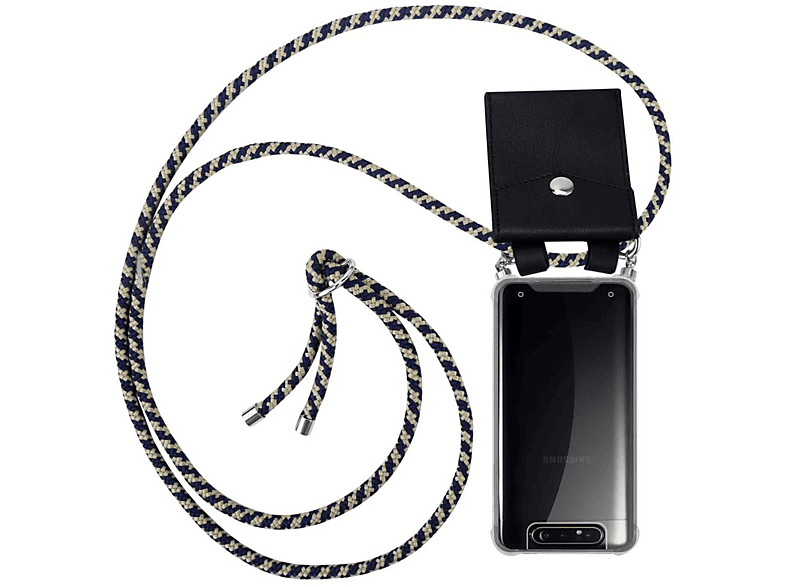 CADORABO Handy Kette mit Silber Ringen, Kordel Band und abnehmbarer Hülle, Backcover, Samsung, Galaxy A80 / A90 4G, DUNKELBLAU GELB