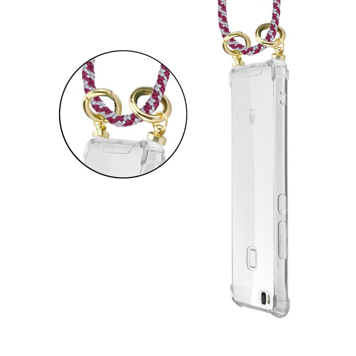 Transparente Handyhülle mit Lanyard-Ringen, Nahaufnahme von Lanyard und Hülle.