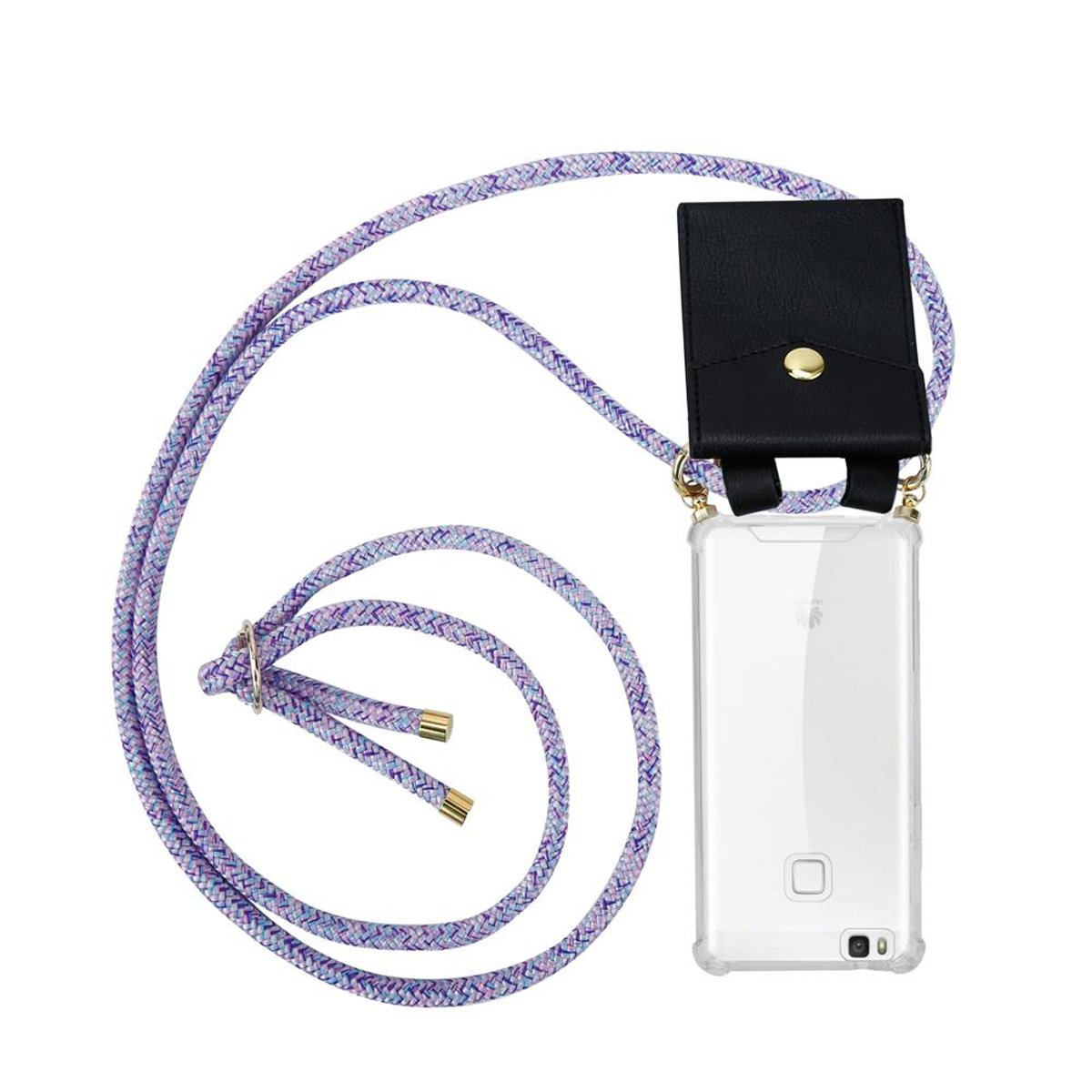 Handyhülle mit Lanyard. Schwarze Ledertasche und ein Telefon mit lila und blauem Seil.
