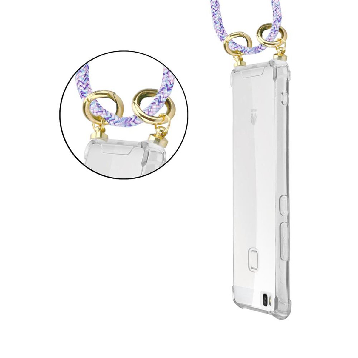Zwei Telefone mit Riemen. Ein Telefon hat eine transparente Hülle und einen weißen Bildschirm. Der Riemen ist lila und weiß.