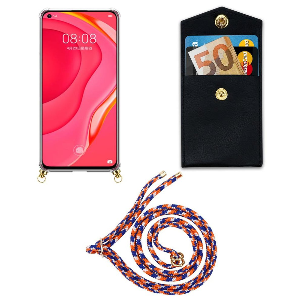 5G, Kette Band WEIß Kordel Huawei, BLAU Handy Ringen, abnehmbarer NOVA Gold mit ORANGE 7 CADORABO Backcover, Hülle, und