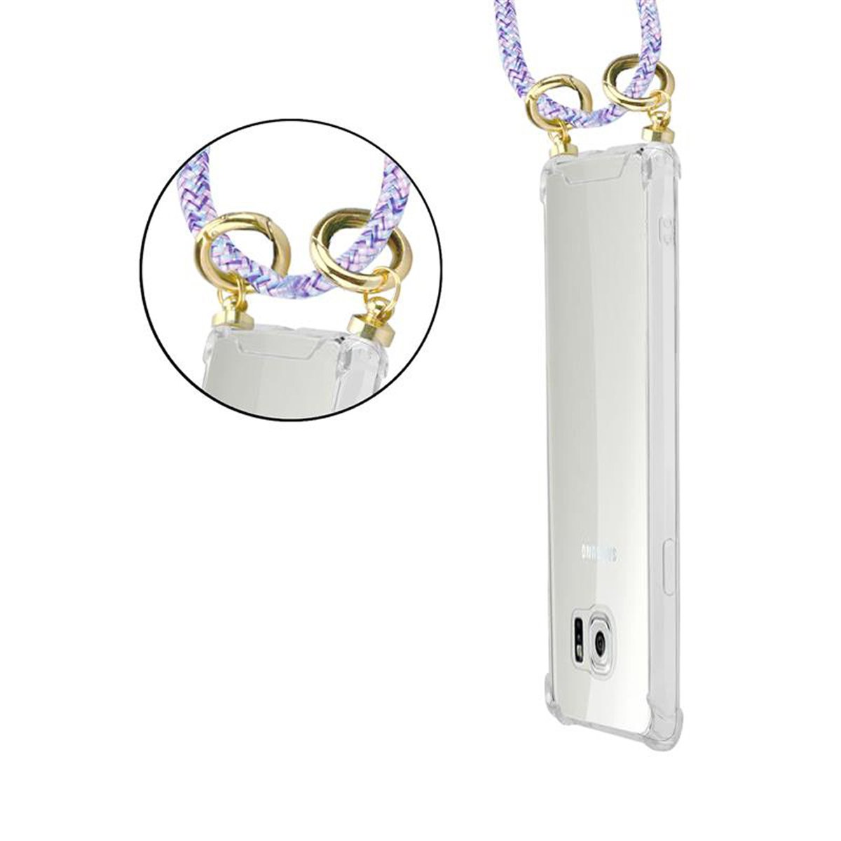 Primo piano di un telefono con custodia e cinturino trasparenti. Il cinturino è viola e bianco con accenti dorati.