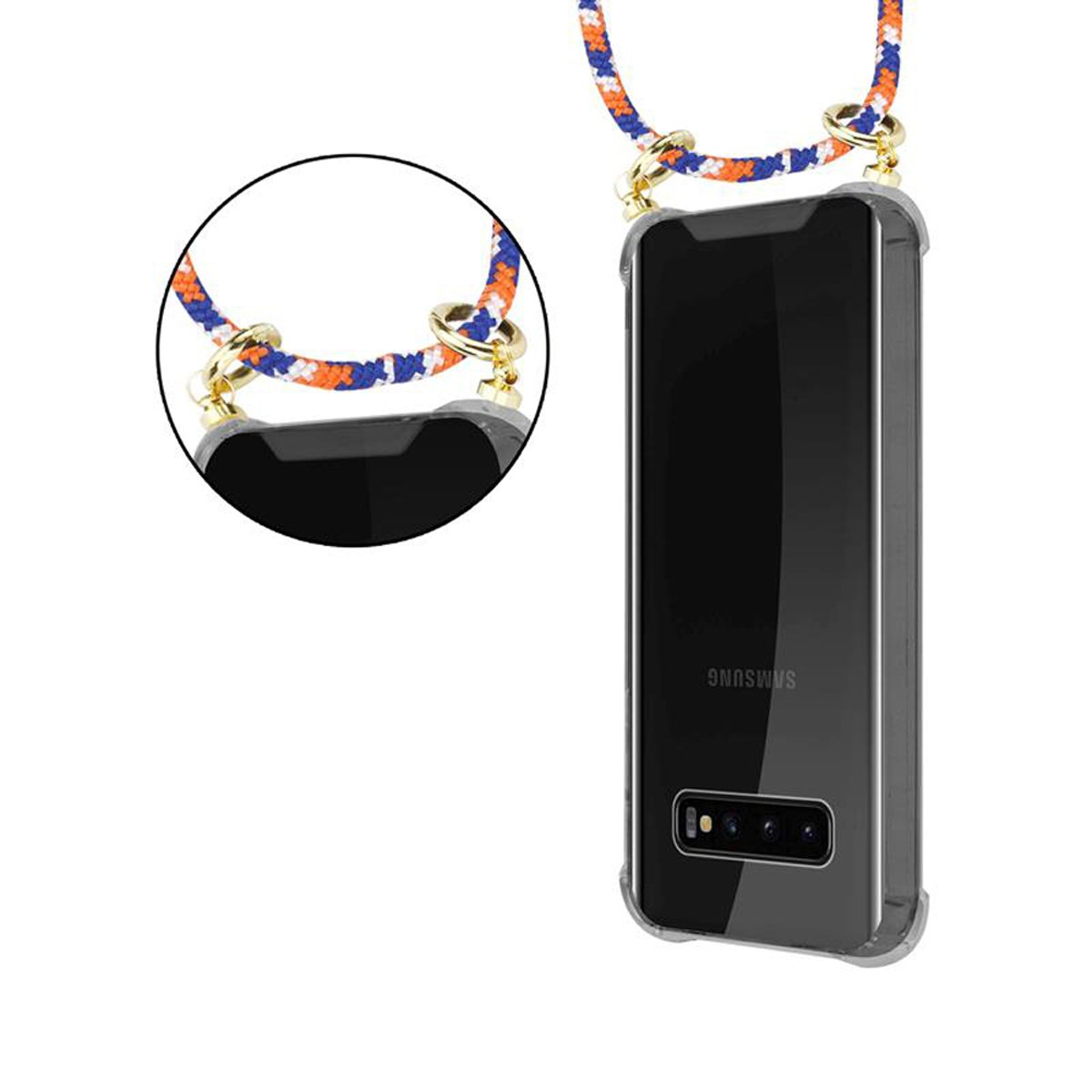 Telefono con custodia trasparente e cordino. Corda intrecciata blu, arancione e bianca. Anello color oro.