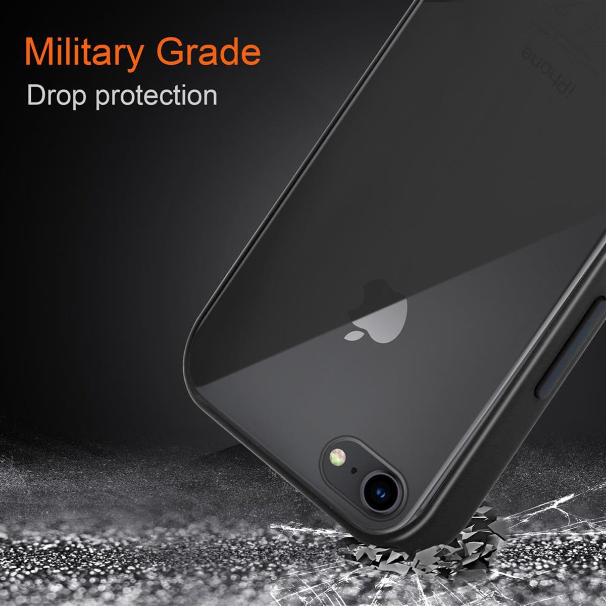 Custodia nera per telefono su una superficie. Il testo recita "Military Grade Drop protection". Sfondo grigio.