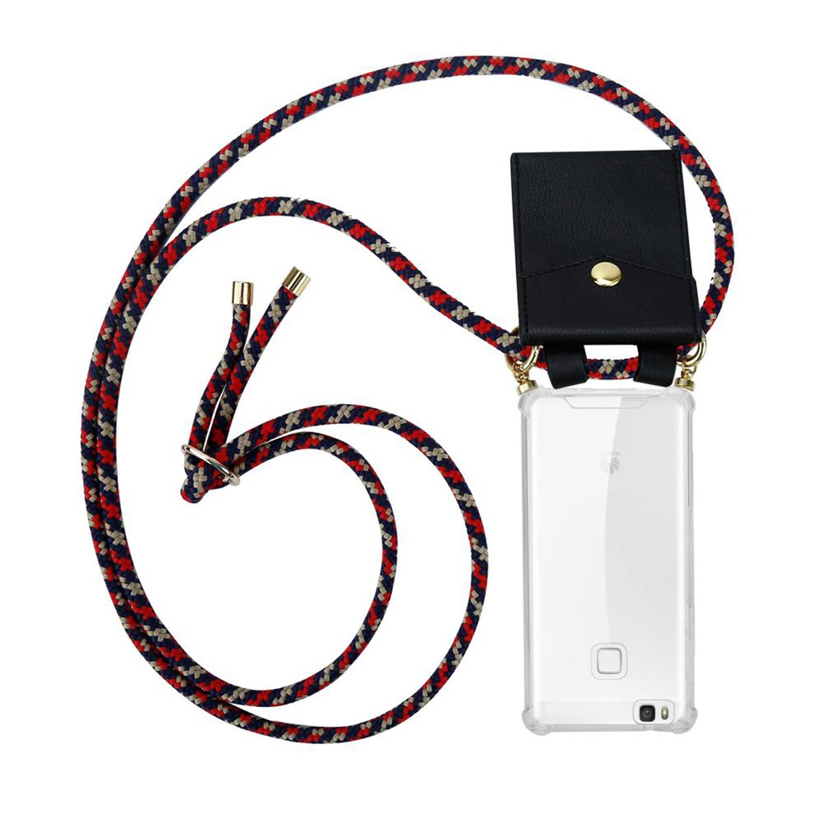 Telefon mit rot-weiß-blauem Kabel, schwarzer Ledertasche und klarer Hülle auf weißem Hintergrund.