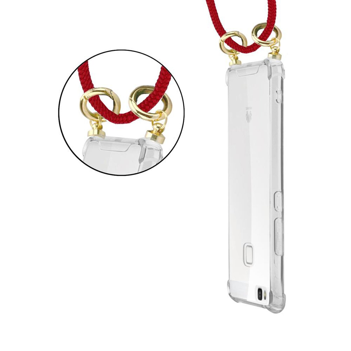 Handyhülle mit roter Kordel, mit Telefon und Details der Kordel.