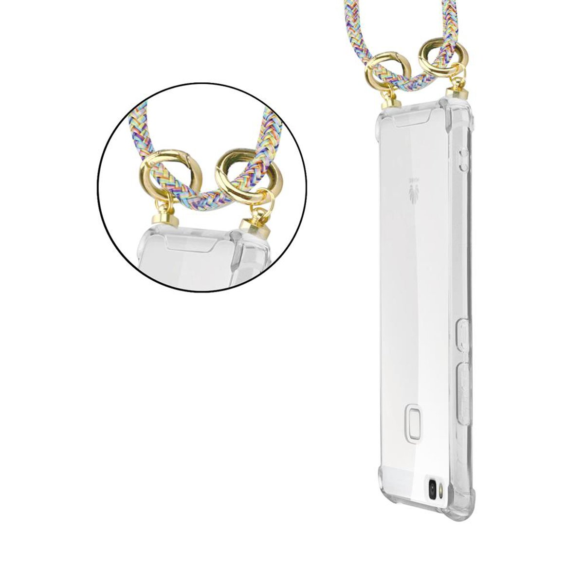 Telefon in einer transparenten Hülle mit buntem Riemen. Das Telefon hat eine transparente Hülle.
