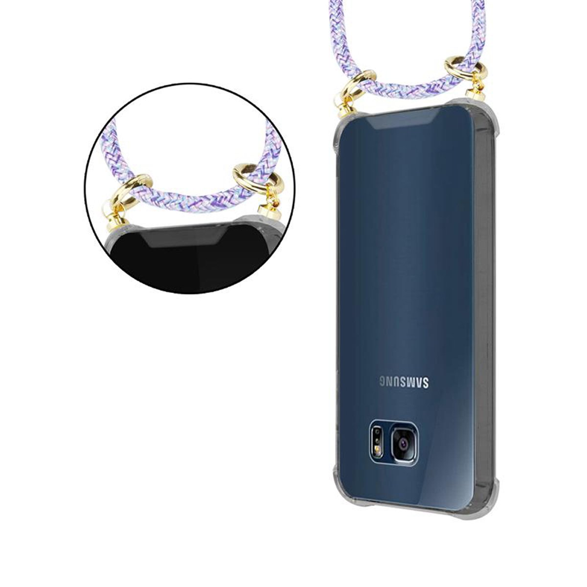 Un telefono in una custodia trasparente con un cinturino. Il cinturino è viola e bianco. Il retro è visibile.