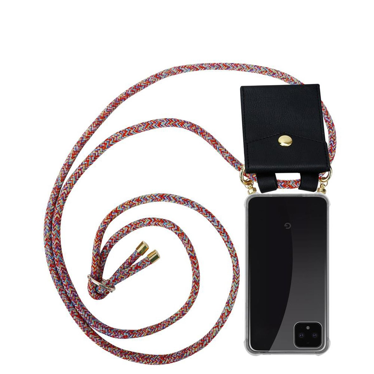 Schwarzes Telefon in einer transparenten Hülle mit farbenfrohem Seil. Schwarze Lederhülle am Telefon befestigt.