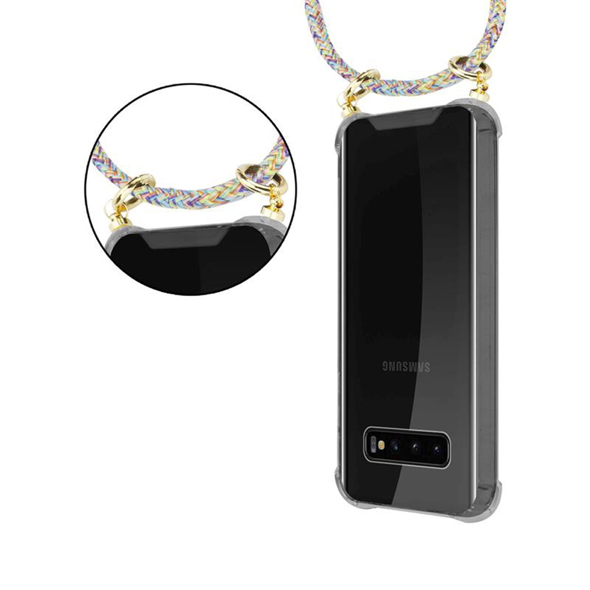 Custodia trasparente per telefono con corda multicolore. Il telefono è un Samsung. La corda ha anelli d'oro.