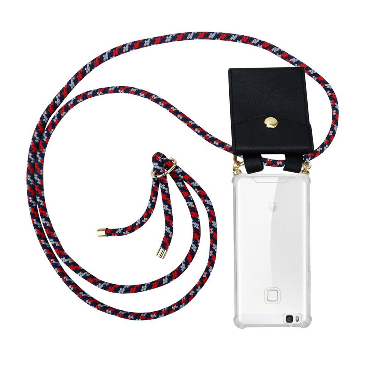 Ein Telefon mit einem rot-schwarz-weißen Seilriemen. Das Telefon befindet sich in einer transparenten Hülle mit einem schwarzen Lederhalter.