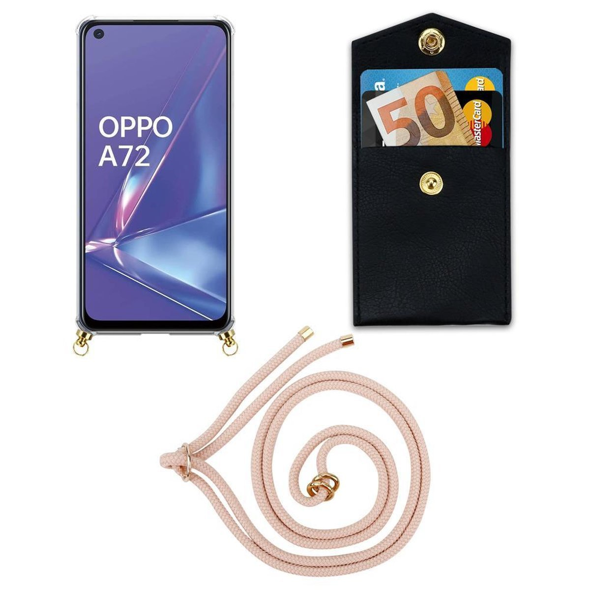 Handy Oppo, mit Kordel Backcover, Gold Ringen, Hülle, CADORABO und ROSÉGOLD abnehmbarer A52, PERLIG Band Kette