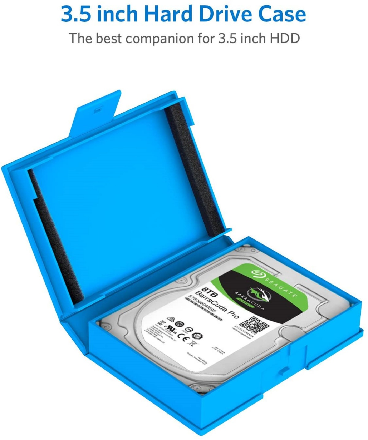 Blaue Festplattenhülle mit einer Seagate-Festplatte. Der Text auf der Hülle lautet '3,5 Zoll Festplattengehäuse'.