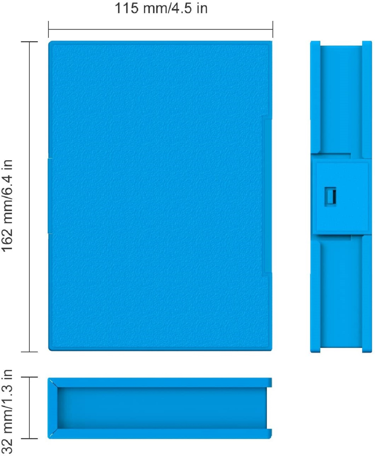Blaue rechteckige Box mit beschrifteten Abmessungen. Seiten- und Draufsicht zeigen Details.