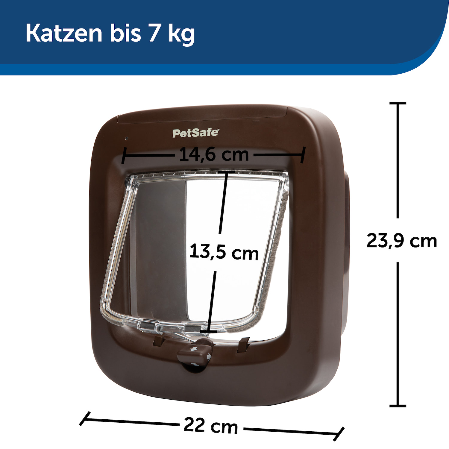 Braune Katzentür mit Maßangaben. Sie ist für Katzen bis 7 kg ausgelegt.