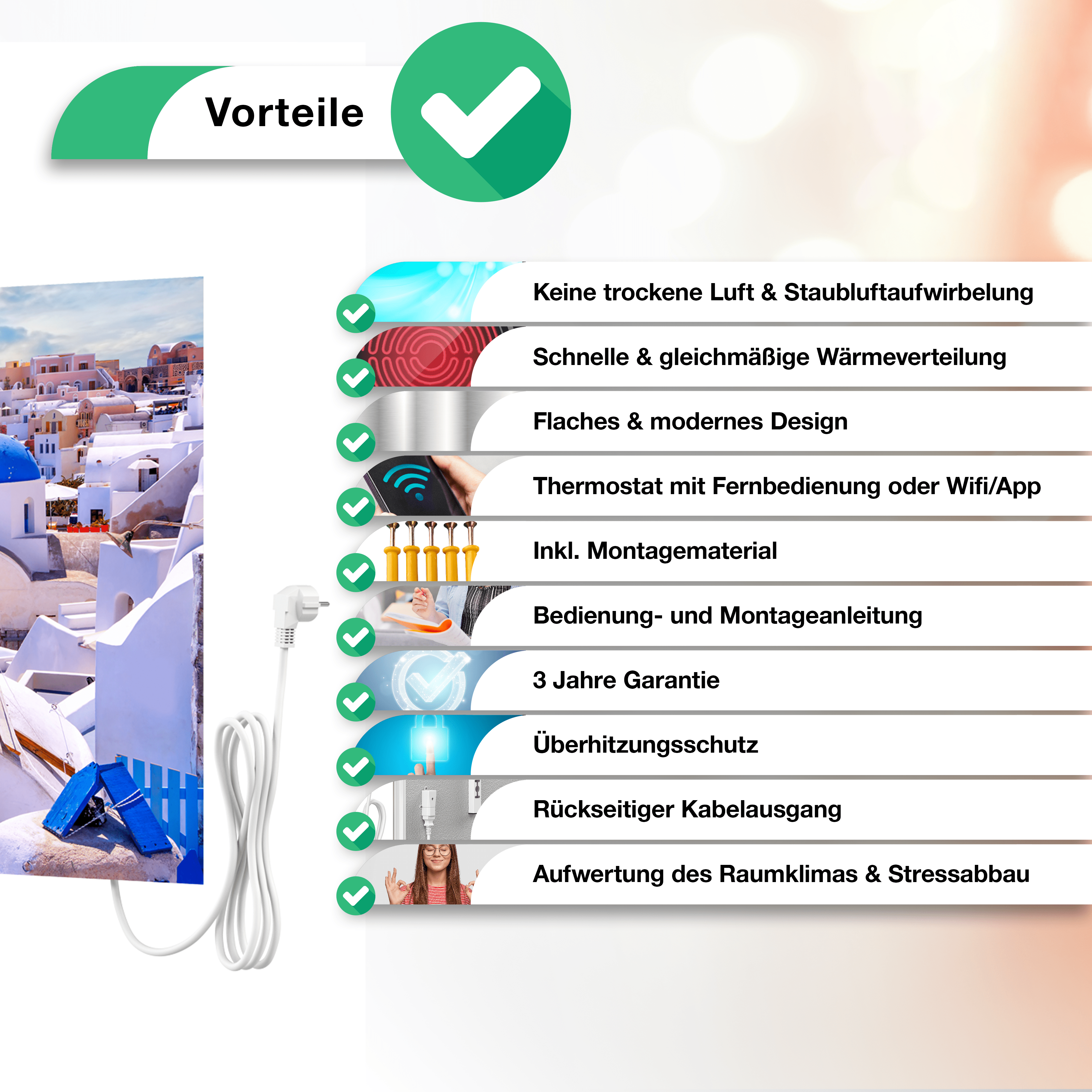 Weißes Panel mit Symbolen, die Funktionen anzeigen, und einem Hintergrund.